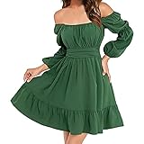 Modaworld Damen Puffärmel Kleid Schulterfrei Minikleid Quadratischer Ausschnitt Rüschen A Linie Flowy Swing Kurzes Kleid Gesmoktes Sommerkleid Süßes Französisches Kleid