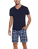 Bresdk Schlafanzug Herren Pyjama Set Kurz Baumwolle Sommer Nachtwäsche Dunkelblau XL