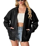 GRECERELLE Lederjacke Damen Kunstlederjacke Reverskragen Lange Ärmel Übergangsjacke Reißverschluss Bikerjacke Damen Lässig Motorrad Jacke Frauen (Schwarz,L)