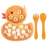 Qshare Baby Teller,Rutschfest Kinder Tischset mit Saugnäpfen,Geteilte Standfeste Babyteller Kleinkind Teller mit Löffel Gabel,BPA-Frei - Spülmaschinen und MikrowellenFest (Orange)