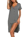 Ekouaer Nachthemd Damen Sommer Schlafshirt Kurzarm Sleepshirt Kurz Nachtwäsche Knopfleiste Grau M