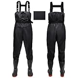 IEEILULU Wathose Herren Damen, Wathose Anglerhose mit Stiefel, Wathose mit Brusttasche und Verstellbarer Riemen, Nylon Wader Watstiefel Anglerhose wasserdichte rutschfest Matschhose (Schwarz, 46)