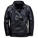 LAUSONS Kinderkragen Motorrad Lederimitat Mantel Jungen Kunstleder Jacke Bikerjacke mit Nieten Schwarz DE 158-164(Herstellergröße 160)