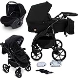 GaGaDumi Boston Kinderwagen 3 in 1 Komplettset mit Autositz - Kombikinderwagen mit großen Rädern - TÜV-zertifiziert - Baby Stroller Set - für Neugeborene und Kleinkinder Schwarz