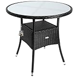 Casaria Polyrattan Beistelltisch Ø 80x74cm Milchglasplatte Höhenverstellbar 5mm Sicherheitsglas Wetterfest Balkontisch Gartentisch Kaffeetisch schwarz