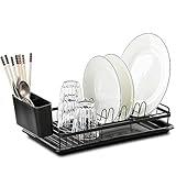 Leadfun Abtropfgestell Geschirr klein, Geschirrabtropfgestell mit Abnehmbarer Haken und abtropfschale, Geschirr abtropfständer für Spüle, Dish Drying Rack Drainer, 39 x 23 x 8cm (schwarz)