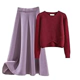 Dninmim Damen Strickpullover-Set, einfarbig, Rundhalsausschnitt, lange Ärmel, Schlitz-Pullover, Oberteile und Rock mit hoher Taille, Rot/Violett, XL