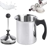 800ml Edelstahl Double Mesh Milchaufschäumer Manuell, 11X 12X20 CM Edelstahl Milk Frother, Milchschaum Dank Doppeltem Sieb und Speziellem DrüCkmechanismus