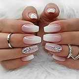 24 Stück Eckig Nägel Zum Aufkleben Kurz, Glänzend Rosa French Künstliche Nägel, Ballerina Natural Kunstnägel Press on Nails mit Strass Design, Square Fingernägel Fake Nails für Frauen und Mädchen