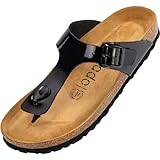 Palado Damen Zehentrenner Kos - Modische Pantoletten mit Kork Fussbett - extra Bequeme Sandalen - Made in Spain - mit Sohle aus Natur Leder - angenehme Sandalen Lack Schwarz 40 EU