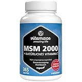 MSM 2000 mg + natürliches Vitamin C, 365 vegane Tabletten für 6 Monate, hochdosiert, 99,9% reines Methylsulfonylmethan, Nahrungsergänzung ohne Zusätze, Made in Germany