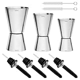 3 Stück Cocktail Messbecher, Barmaß Messbecher Jigger Cocktails mit 4 Flaschenausgießer & 2 Bürste Gin Measuring Cups Set 4cl/5cl/6cl Edelstahl Barmaß für Bar Party Drink Shaker Cocktailmixer