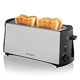 Cloer 3710 Langschlitztoaster für 4 Toastscheiben, 1380 W, integrierter Brötchenaufsatz, Nachhebevorrichtung, Krümelschublade, mattiertes wärmeisoliertes Metallgehäuse