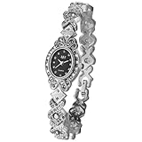 Silverora Uhren Damen Diamant Oval: Glänzend Klein Zifferblatt Analog Quarz Damenuhren mit Schmal Armband Gothic Retro Blumen Armbanduhren Geschenke für Frauen Silber Schwarz