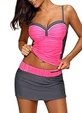 BOUTIKS Damen Tankini Set, Geraffte Bademode, Zweiteiliger Badeanzug mit Polsterung, Push Up mit Trägern, Sportlich, Rosa, L