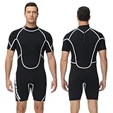 Owntop 3/2mm Shorty Neoprenanzug Herren - Rückenreißverschluss Wetsuit zum Tauchen Surfen, Kurzarm Tauchanzüge Stretch Neopren für Wassersport, Herren Schwarz L