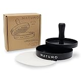 NATUMO Burgerpresse Set aus Hamburgerpresse und Burger Papier (50x Trennpapier), Burger Maker aus Aluguss (Ø 11cm, 200g), Profi Burger Pattie Presse mit Antihaftbeschichtung (Schwarz)