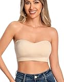 ANGOOL Damen Trägerloser BH Push Up ohne Bügel Bandeau Top Damen Gepolsterter Seamless Ribbed Rutschfestes Silikon mit Transparenten Trägern, Beige, M