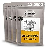 Ember Snacks - Biltong Beef Jerky - Proteinreiche Keto Snacks, glutenfrei, Original, 1kg, Großpackungen (250g x 4 Packungen) - aus britischem und irischem Rindfleisch