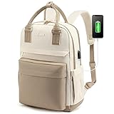 LOVEVOOK Rucksack Damen, 15,6 Zoll Laptop Rucksack Schulrucksack Mädchen Teenager mit USB Ladeanschluss & Laptopfach, Wasserdichter Schultasche Daypack Elegant für Schule Uni Reise Arbeit, Khaki Beige