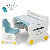 DREAMADE 2 IN 1 Kindertisch mit Stuhl, Kindersitzgruppe mit Whiteboard, Marker & Radierer, Kinder Tisch Stuhl Set mit Ablagefach, multifunktionales Kindermöbel für Kinder ab 3 Jahren (Blau)