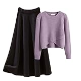 Dninmim Damen Strickpullover-Set, einfarbig, Rundhalsausschnitt, lange Ärmel, Schlitz-Pullover, Oberteile und Rock mit hoher Taille, Schwarz-violettes Teil-Set, XL