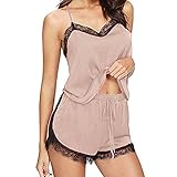 Satin Spitze Pyjama Damen Schlafanzug Mit Spaghettiträger - Elegant Hausanzug Frauen V Ausschnitt Träger Zweiteilig Set - Leichte Satin Short Hose Und Träger Weiches Loungewear Sexy Sleepwear