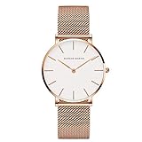 HANNAH MARTIN Damen Uhren Analog Quarz Edelstahl Wasserdicht Mesh Ultradünne (Weiß Oberfläche ，Rosegold Armband)