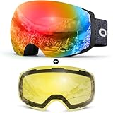 Odoland Skibrille Unisex für Damen und Herren Jungen Rahmenlose Snowboardbrille mit Magnetische Wechselglas UV-Schutz Anti-Nebel Schneebrille Helmkompatible Ski Goggles zum Skifahren Schwarz Rot