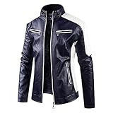 Farbblockierte Lederjacken für Herren, schmale Passform, Motorrad-Kunstlederjacke, coole Kunstlederjacke (Blau 2, L), Blau 2, L