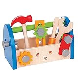 Hape Werkzeugkasten aus Holz mit Zubehör | farbenfrohe Werkbank Hammerspielset für Kinder, Problemlösung, Rollenspiel, 17-teilig