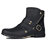 OSSTONE Herren leder chukkastiefel Worker biker boots-motorrad-leder-schuhe für reißverschluss Schnürstiefeletten boots 5008-1-N Schwarz 9