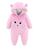 JiAmy Baby-Overall Baby-Strampler Flanell Winter-Strampelanzug mit Füßchen Kapuze Cartoon,Hellrosa 3-6 Monate