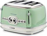 Ariete Vintage 156, 4-Scheiben-Toaster, Retro Toaster mit 6 Toaststufen, Automatischer Auswurf, Auftaufunktion, Herausnehmbares Krümelfach, Gehäuse aus Edelstahl, 1600W, Grün