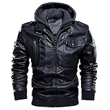 CARWORNIC Herren Lederjacke Winterjacke Motorradjacke Für Herren Schwarz Braun Warme Kunstlederjacke Bikerjacke mit Abnehmbarer Kapuze