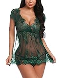 Sykooria Sexy Dessous Damen Babydoll Reizwäsche Nachthemd Kurz Damen Unterwäsche Sexy Set Negligee Lingerie V-Ausschnitt Transluzente Spitze Sleepwear Kleid mit Tanga Valentinstag, Dunkelgrün L