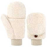 Damen Fäustlinge Pelz Winter Handschuhe Warme Kunstpelz Handschuhe mit Flip Weiche Fell Fingerlose Handschuhe (Beigeweiß)