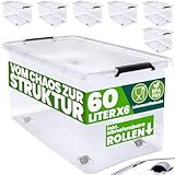 Deuba® Aufbewahrungsboxen 6 x 60l mit Deckel und Rollen, stapelbar, transparent Kunststoff BPA-frei Klickverschluss, RB60 für Büro, Garage, Waschraum