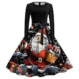 Weihnachtskleid Damen, Weihnachts Swing Kleid, Langarm Rundhals A-Linie Weihnachten Kleid Lustig Schneeflocke Weihnachtsbaum Bedruckt Christmas Dress Vintage Festival Christmas Kleid Damen