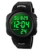 RSVOM Herren Digital Quarz Uhren mit Schwarz Silikon Armband 50M Wasserdicht Big Face Sport Armbanduhr mit Wecker Stoppuhr mit LED-Hintergrundbeleuchtung Digitaluhren für Männer