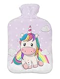 Wärmflasche mit Pullover Bezug 2 Liter Bettflasche mit schönen Fleece-Druck Bezug Gummi Wärmflasche mit Deckel Einhorn2 [092]