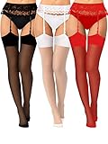 Geyoga 3 Damen Strümpfe und Strapse Set Spitze Elastisch Strapsgürtel und Strümpfe Set Schwarz Weiß Rot Strapsstrümpfe für Halloween