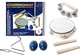 Kinder-Percussion-Set, Kinder Instrumente, 8-teilg aus Holz bestehend aus Tambourin, Triangel, Egg-Shaker u.a. - für die musikalische Früherziehung/Orff-Instrumente