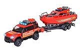 Majorette - Feuerwehrauto mit Boot (33,5 cm) - Land Rover Spielzeugauto aus Metall mit Anhänger und schwimmfähigem Speedboot zum Aufziehen, mit Licht & Sound, Spielzeug für Kinder ab 3 Jahre