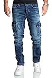 REPUBLIX Herren Cargo Jeans Regular Slim Denim Hose Destroyed R7977 Dunkelblau W34/L34