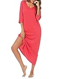 Uniexcosm Nachthemd Damen Lange Baumwolle 3/4 Ärmel Nachtkleid Nachtwäsche V-Ausschnitt Freizeitkleid Loose Fit Sleepshirt Sleepwear mit Taschen E: Rosarot M