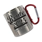 Crealuxe Edelstahltasse mit Karabiner Rente Jahreszahl - ich Habe fertig Tasse bedruckt, Kaffeetasse, Bürotasse, Metalltasse mit Name (Rente 2025)