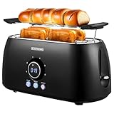 XXL Toaster 4 Scheiben mit Brötchenaufsatz | Toaster Schwarz | Digitales Display | Toastautomat | Automatische Abschaltung | Langschlitztoaster