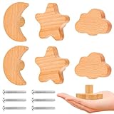 AKONE Schrankknöpfe Holz, 6 Stück Möbelknöpfe Kinder, Sterne, Mond, Wolken Holzknöpfe, Knauf für Schrank, Schubladenknöpfe Naturnahe Dekoration Möbelknopf für Kommode Kinderzimmer