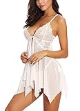 ONGASOFT Sexy Dessous Set FüR Damen Freches Unterwäsche Babydoll Mit Offenem Frontverschluss V-Ausschnitt Und G-String, Weiß